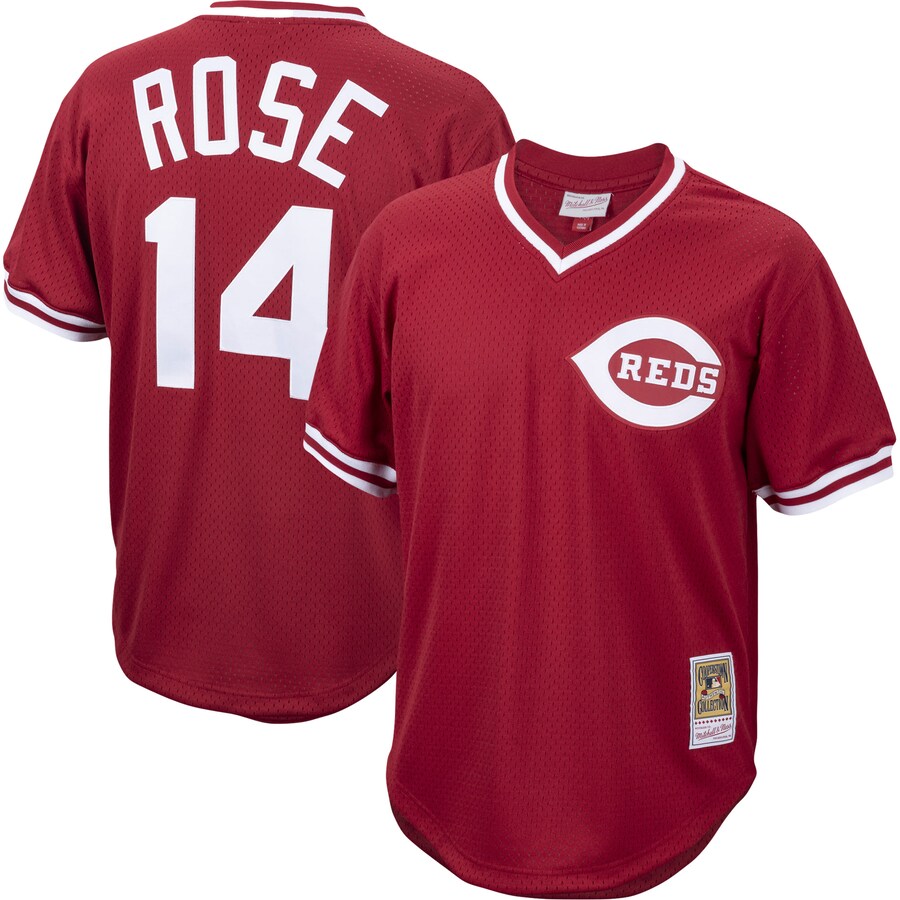 Men's Cincinnati Reds Pete Rose Mitchell & Ness Red Cooperstown Collection Mesh Batting Practice Jersey - ujerseystore
