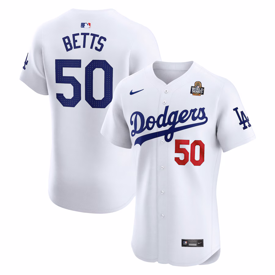 Men's Los Angeles Dodgers Mookie Betts Nike White 2024 World Series Home Elite Player Jersey - ujerseystore