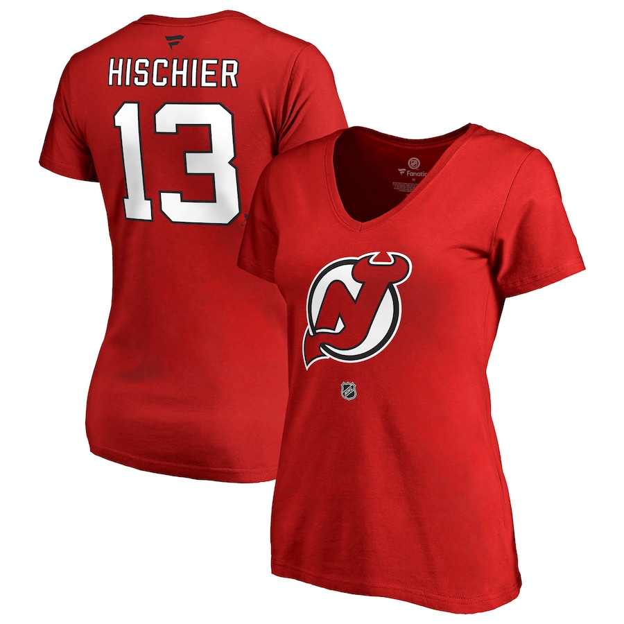 Women's New Jersey Devils Nico Hischier Red Authentic Stack Name & Number V-Neck T-Shirt - ujerseystore