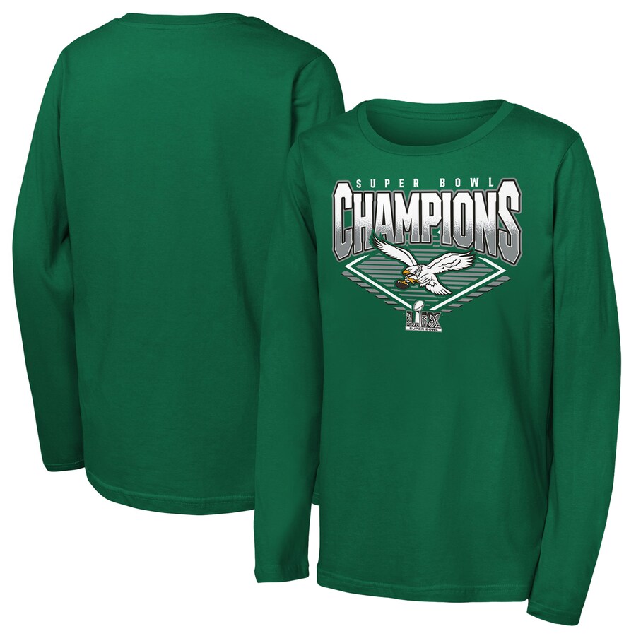 Youth Philadelphia Eagles Kelly Green Super Bowl LIX Champions Retro Diamond Long Sleeve T-Shirt - ujerseystore