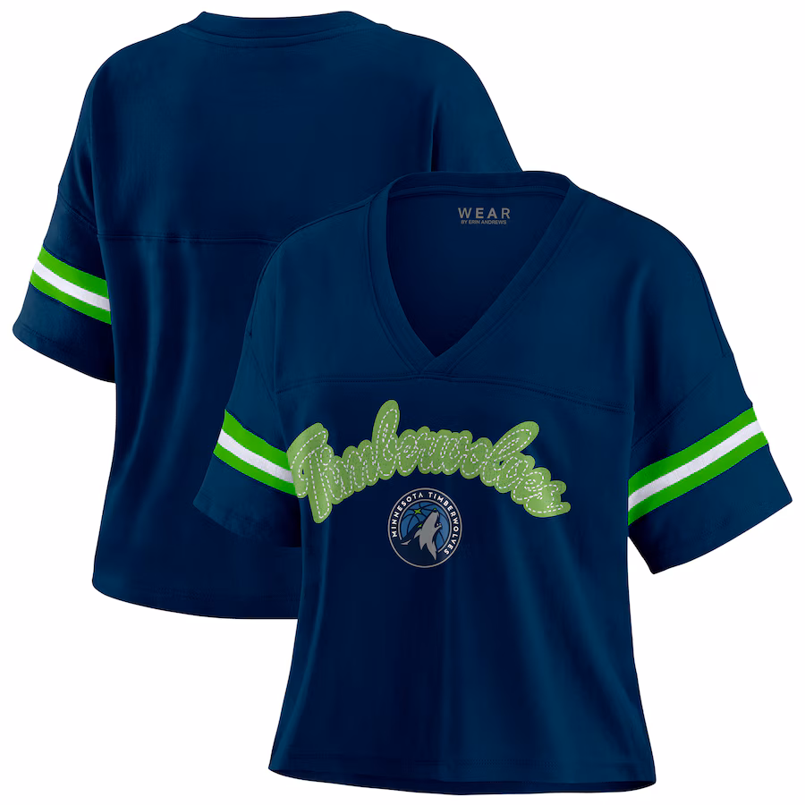 Women's Minnesota Timberwolves WEAR by Erin Andrews Navy Color Block Boxy V-Neck T-Shirt - ujerseystore