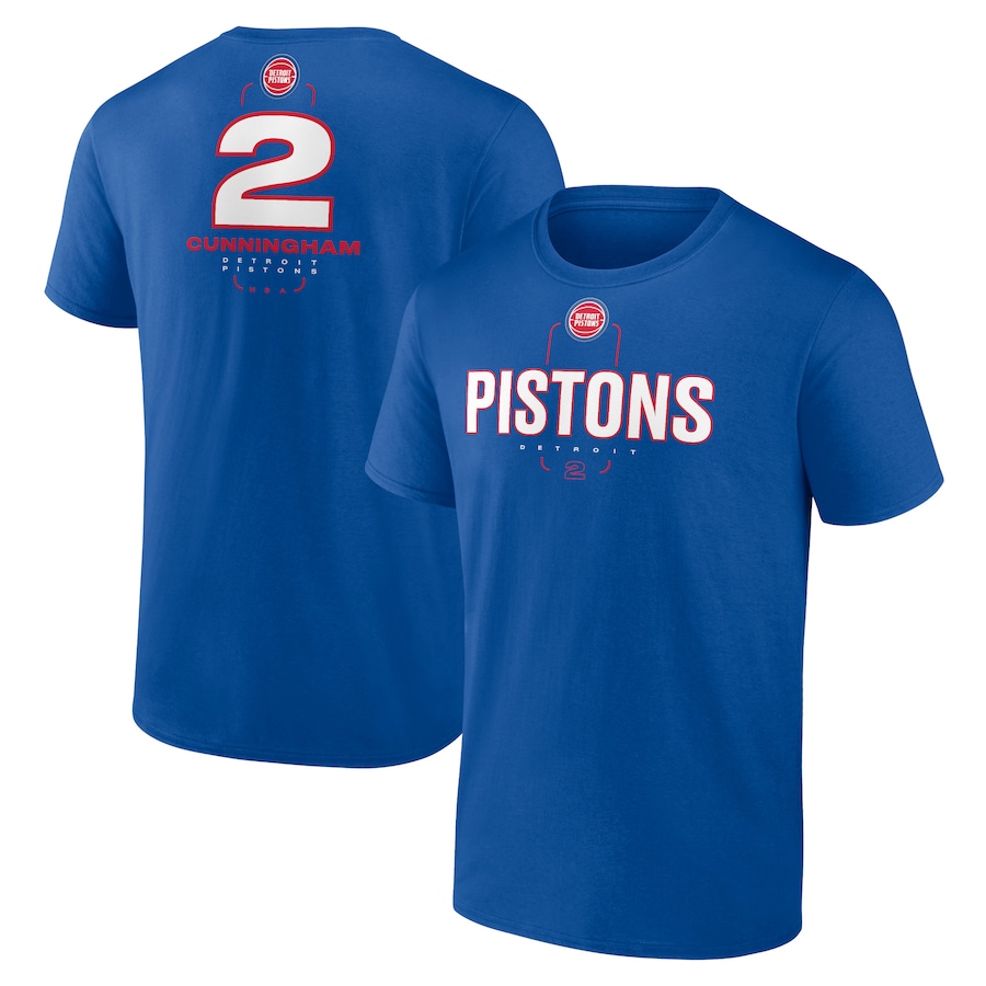 Men's Detroit Pistons Cade Cunningham Blue Behind The Back Name & Number T-Shirt - ujerseystore
