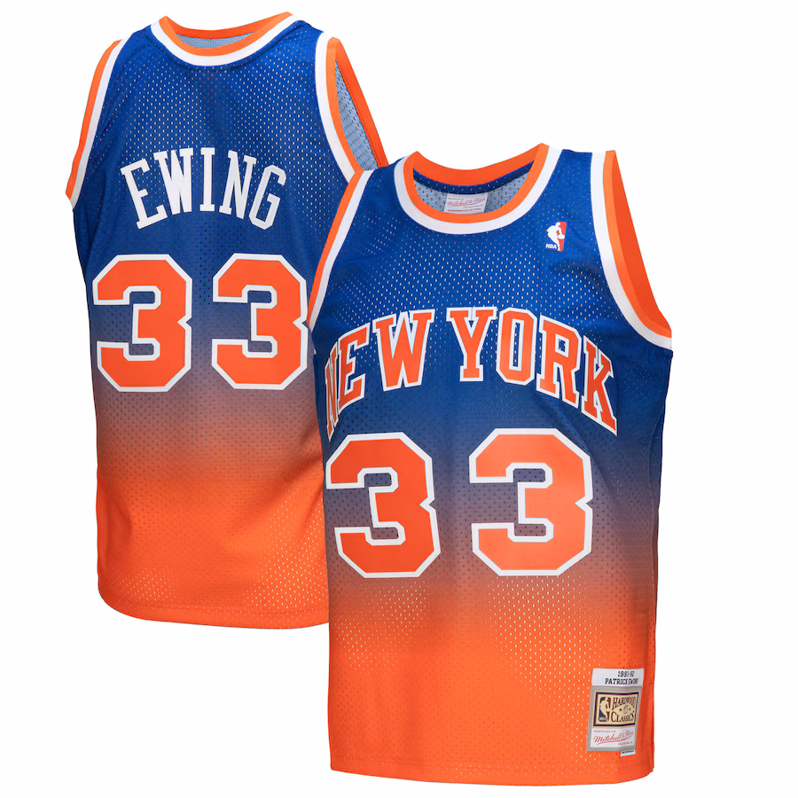 Men's New York Knicks Patrick Ewing Mitchell & Ness Orange/Royal 1991/92 Hardwood Classics Fadeaway Swingman Player Jersey - ujerseystore