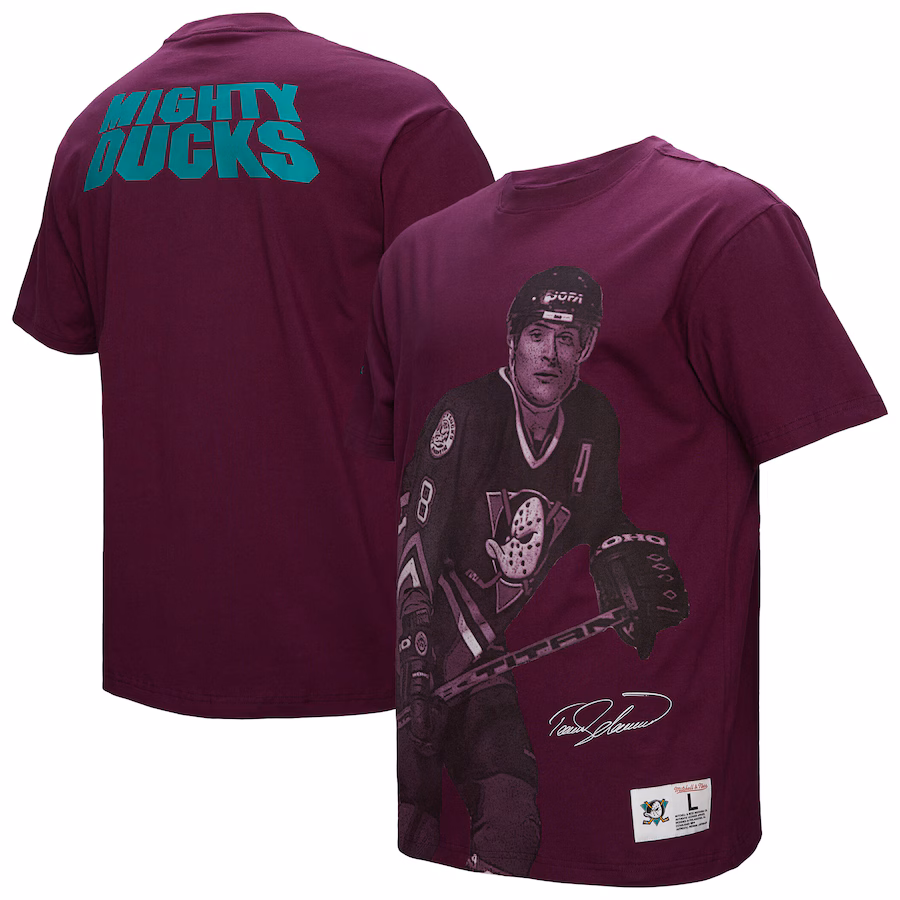 Men's Anaheim Ducks Teemu Selanne Mitchell & Ness Purple Ultimate Player Vintage Logo T-Shirt - ujerseystore
