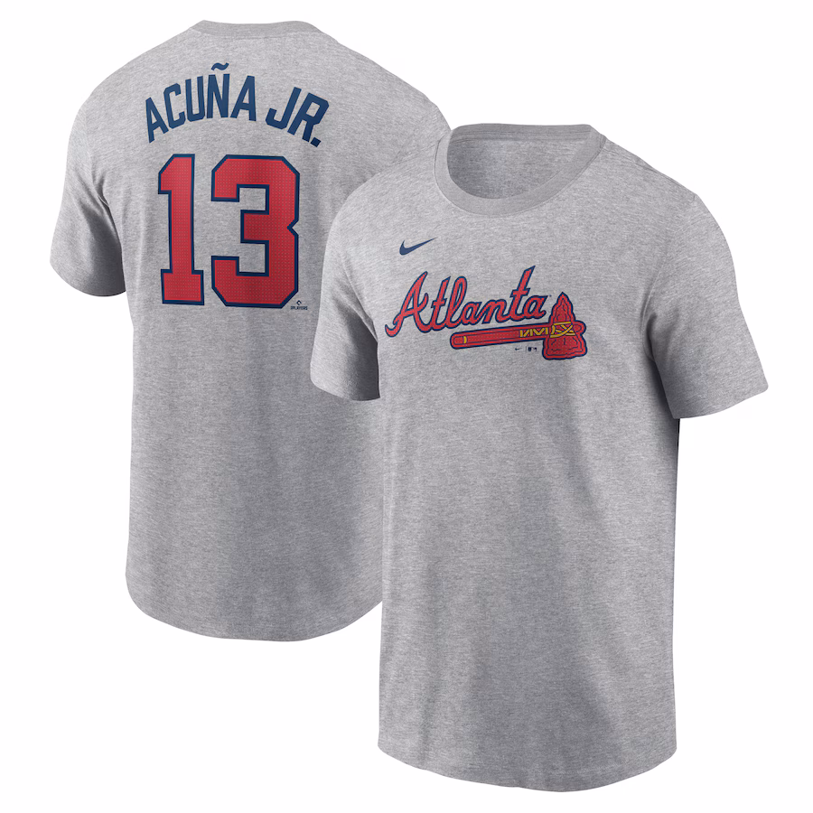 Men's Atlanta Braves Ronald Acuña Jr. Nike Gray Fuse Name & Number T-Shirt - ujerseystore