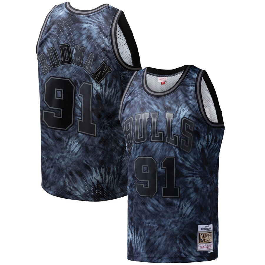 Men's Chicago Bulls Dennis Rodman Mitchell & Ness Black Hardwood Classics 1995/96 Tie-Dye Swingman Jersey - ujerseystore