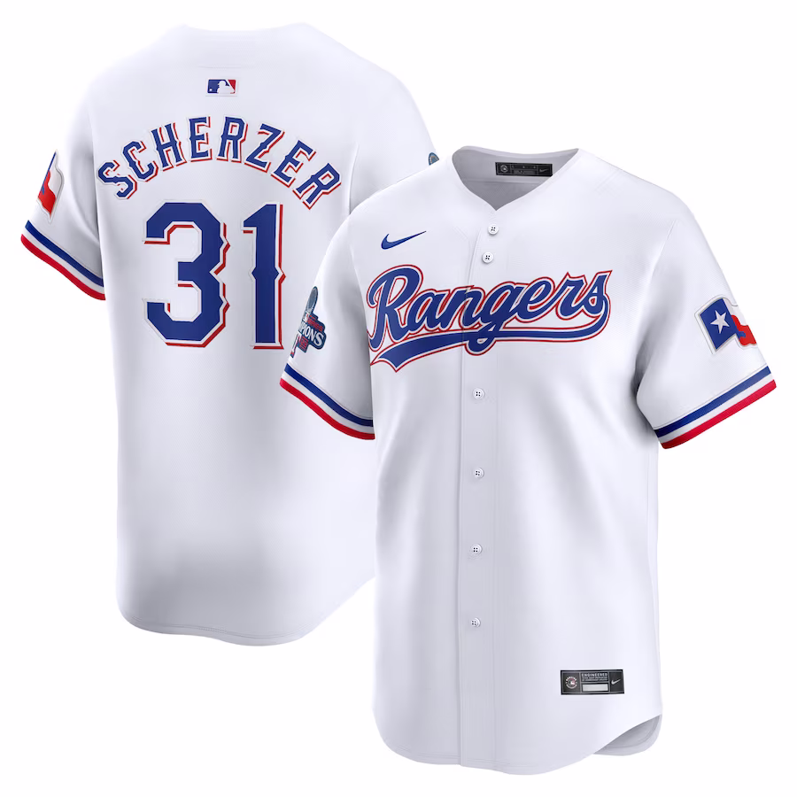 Men's Texas Rangers Max Scherzer Nike White Home 2023 World Series Champions Limited Jersey - ujerseystore