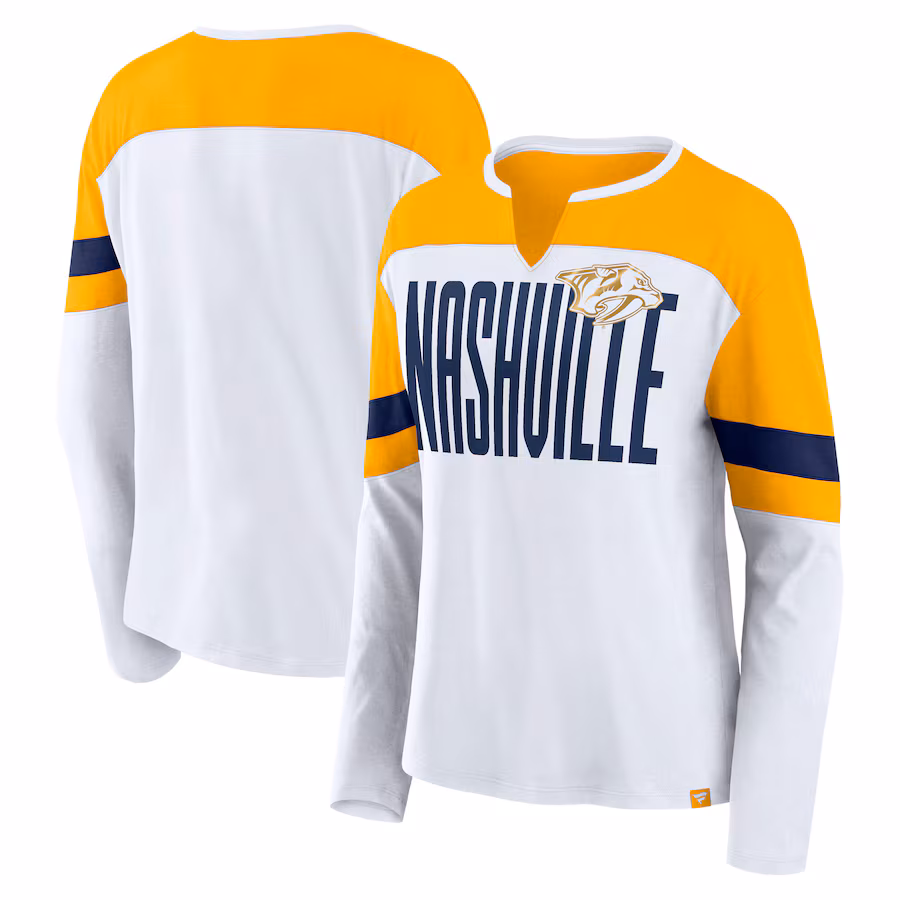 Women's Nashville Predators Fanatics White/Gold Frozen Long Sleeve Notch Neck T-Shirt - ujerseystore