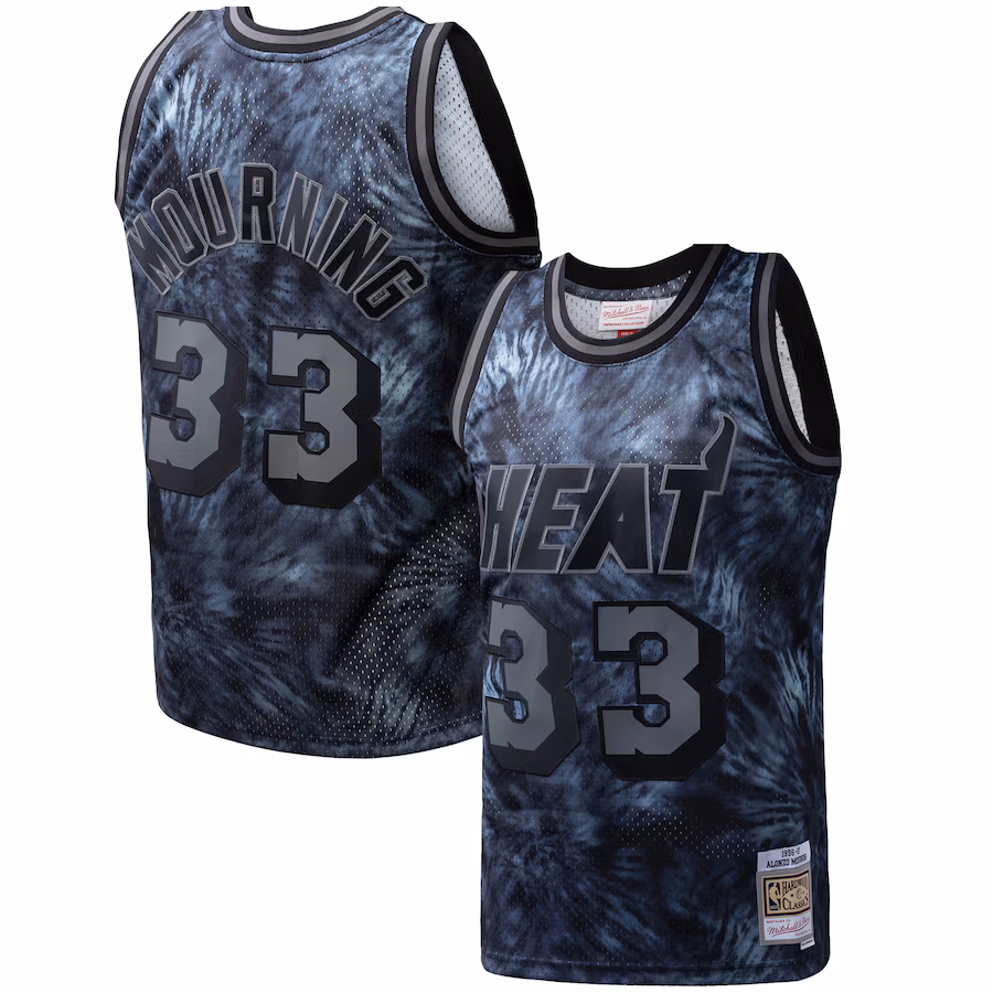 Men's Miami Heat Alonzo Mourning Mitchell & Ness Black Hardwood Classics 1996/97 Tie-Dye Swingman Jersey - ujerseystore