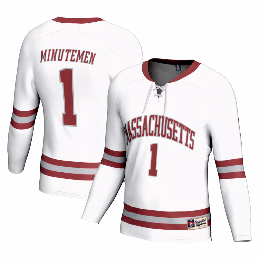 Youth GameDay Greats #1 White UMass Minutemen Hockey Fashion Jersey - ujerseystore