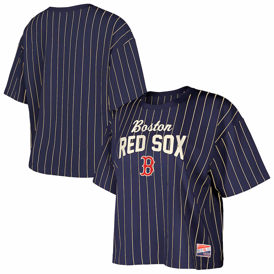 Women's Boston Red Sox New Era Navy Cooperstown Collection Multiplier Pinstripe Cropped T-Shirt - ujerseystore