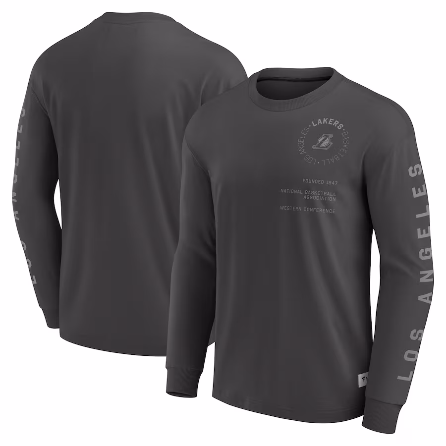 Men's Los Angeles Lakers Fanatics Gray Elements Future Ground Tonal Info Long Sleeve T-Shirt - ujerseystore