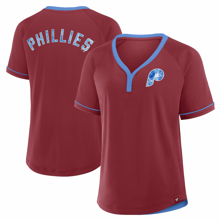 Women's Philadelphia Phillies Fanatics Burgundy Cooperstown Collection League Diva V-Neck T-Shirt - ujerseystore