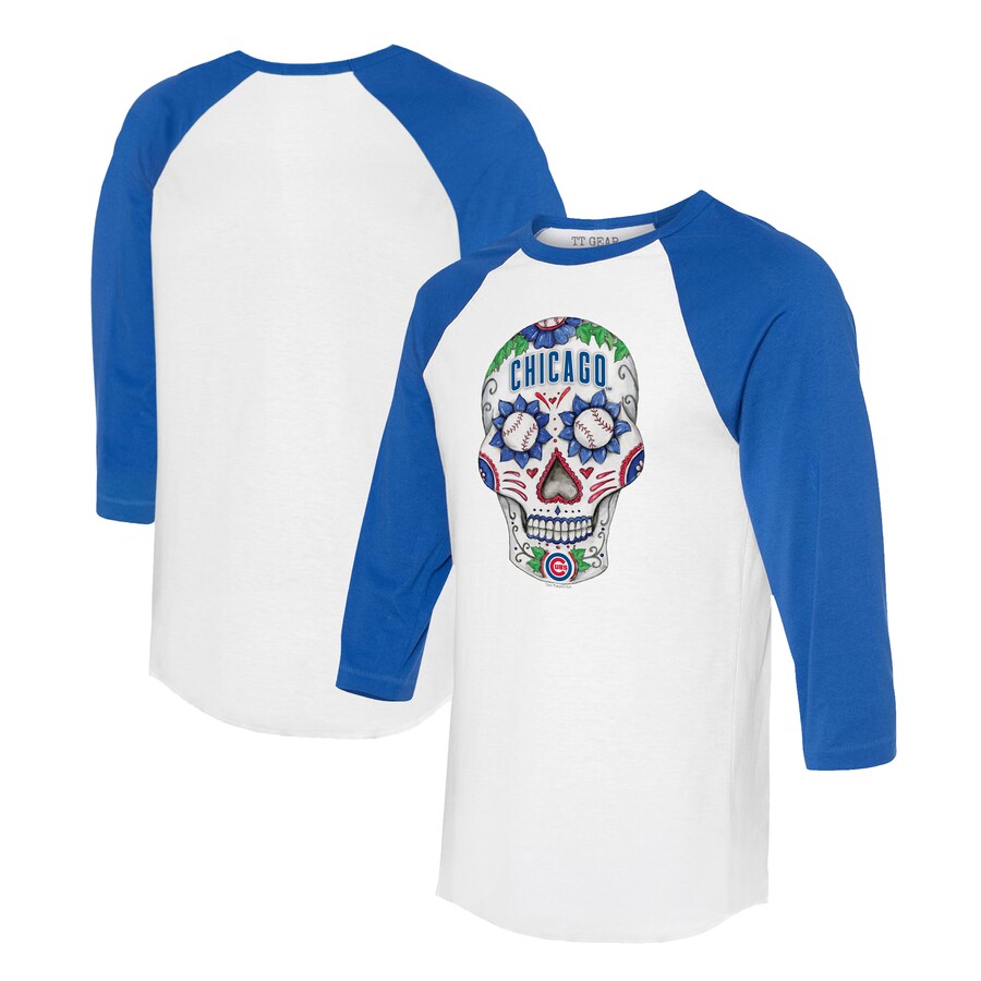 Unisex Chicago Cubs Tiny Turnip White/Royal Sugar Skull 3/4-Sleeve Raglan T-Shirt - ujerseystore