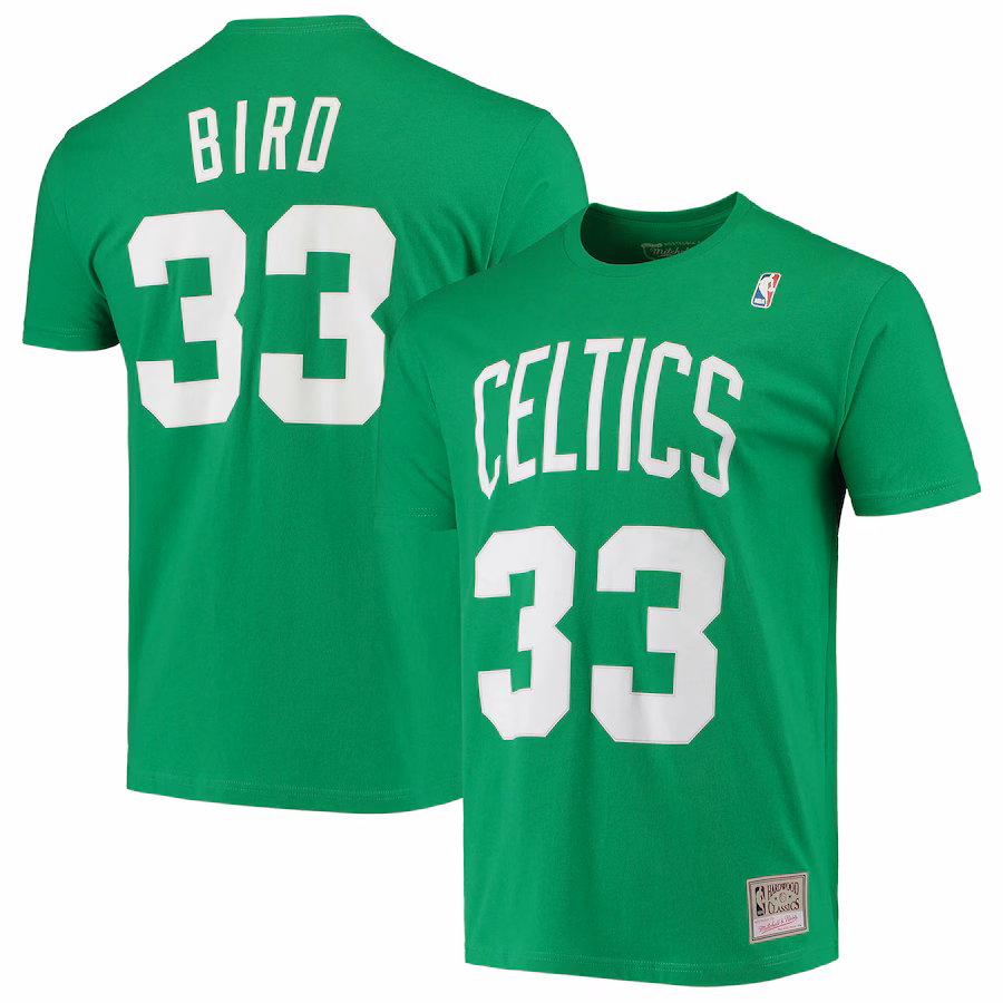 Men's Boston Celtics Larry Bird Mitchell & Ness Kelly Green Hardwood Classics Stitch Name & Number T-Shirt - ujerseystore