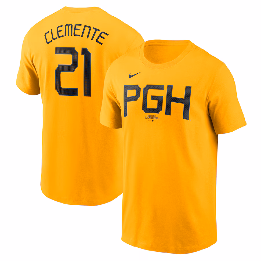 Men's Pittsburgh Pirates Roberto Clemente Nike Gold City Connect Fuse Name & Number T-Shirt - ujerseystore