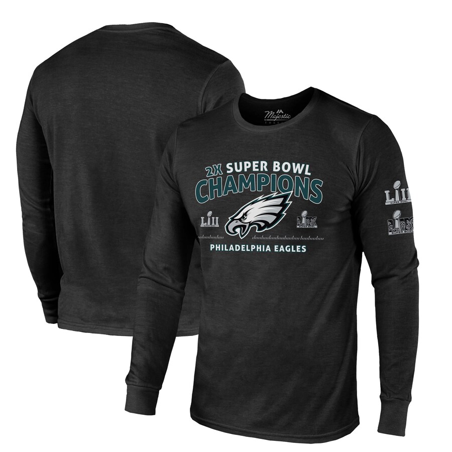 Men's Philadelphia Eagles Majestic Threads Black Two-Time Super Bowl Champions Sky High Long Sleeve Tri-Blend T-Shirt - ujerseystore