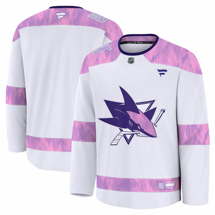 Men's San Jose Sharks Fanatics White 2024 Hockey Fights Cancer Practice Jersey - ujerseystore