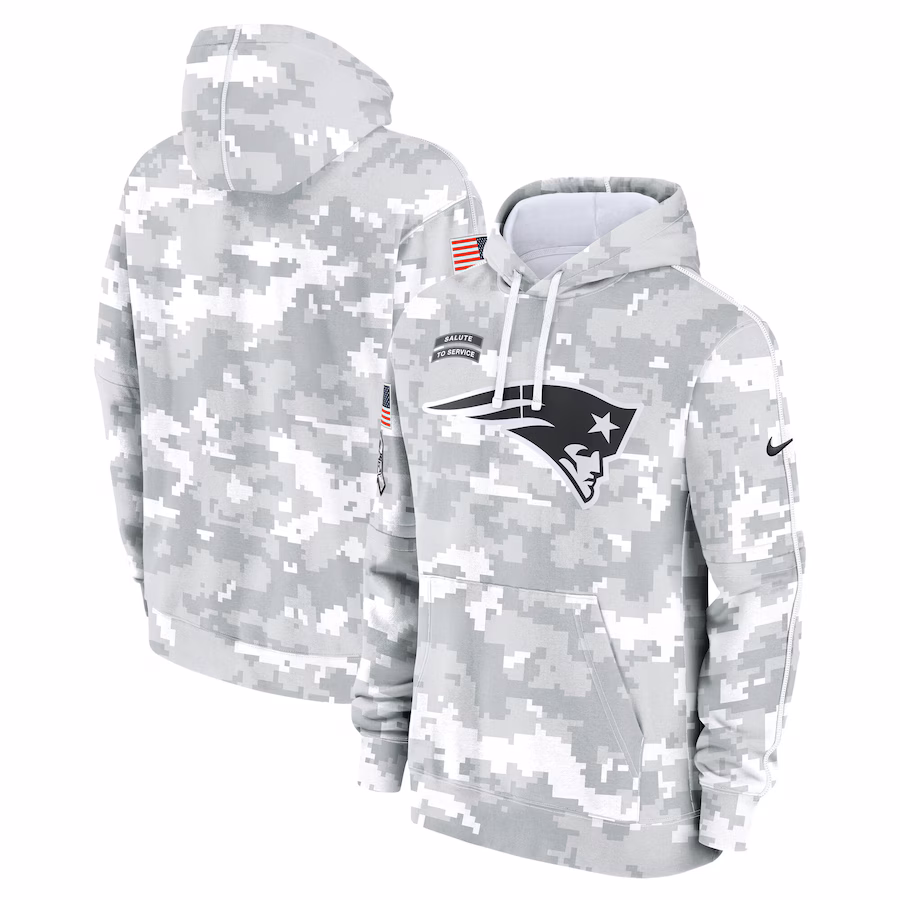 Men's New England Patriots Nike Arctic Camo 2024 Salute to Service Club Fleece Pullover Hoodie - ujerseystore