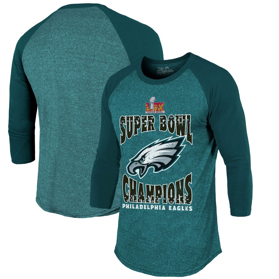 Men's Philadelphia Eagles Majestic Threads Midnight Green Super Bowl LIX Champions Choke Up 3/4-Sleeve Raglan Tri-Blend T-Shirt - ujerseystore