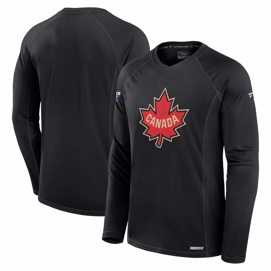 Men's Canada Fanatics Black 2025 4 Nations Face-Off Authentic Pro Long Sleeve Tech T-Shirt - ujerseystore