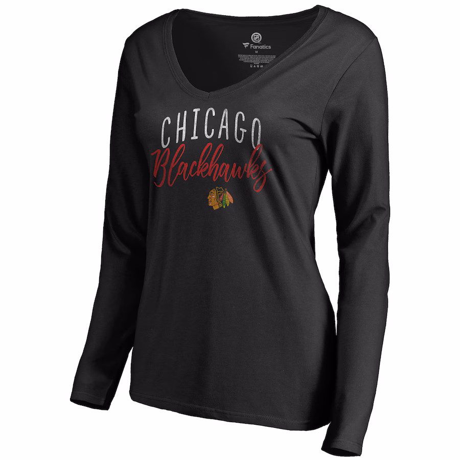 Women's Chicago Blackhawks Black Graceful Long Sleeve V-Neck T-Shirt - ujerseystore
