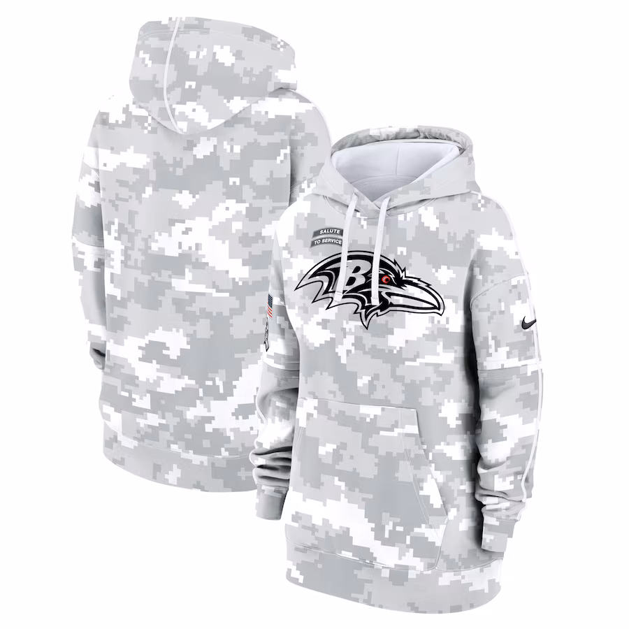 Women's Baltimore Ravens Nike Arctic Camo 2024 Salute To Service Club Fleece Pullover Hoodie - ujerseystore