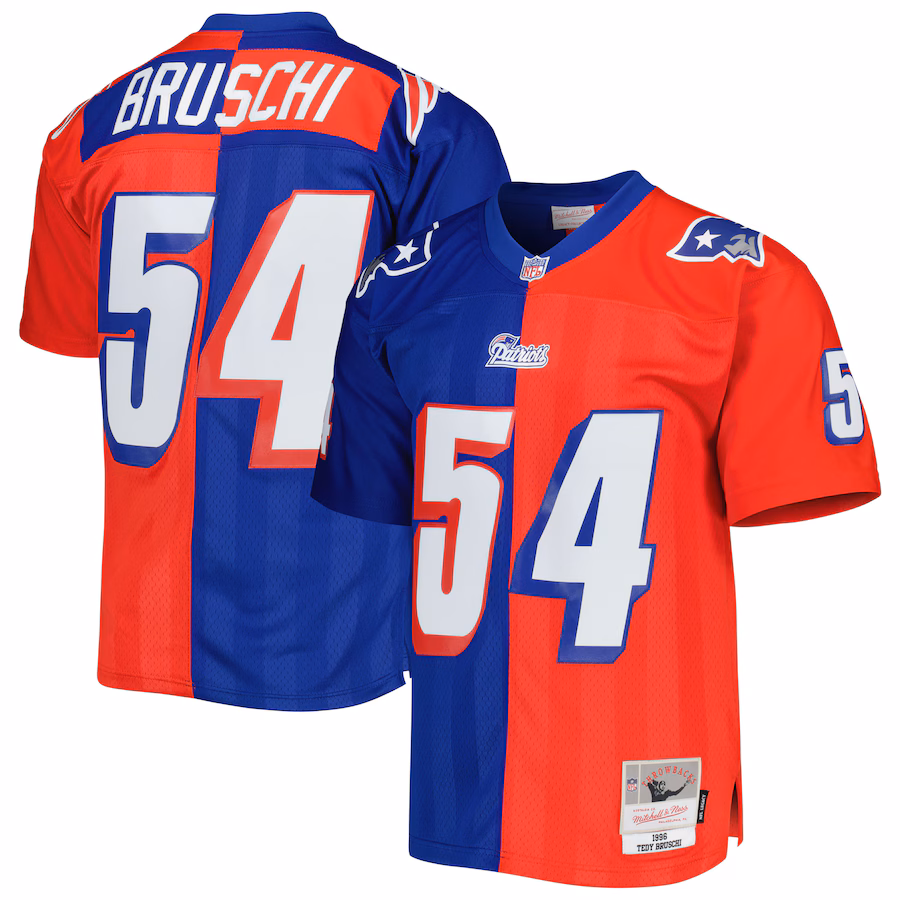 Men's New England Patriots Tedy Bruschi Mitchell & Ness Royal/Red 1996 Split Legacy Replica Jersey - ujerseystore