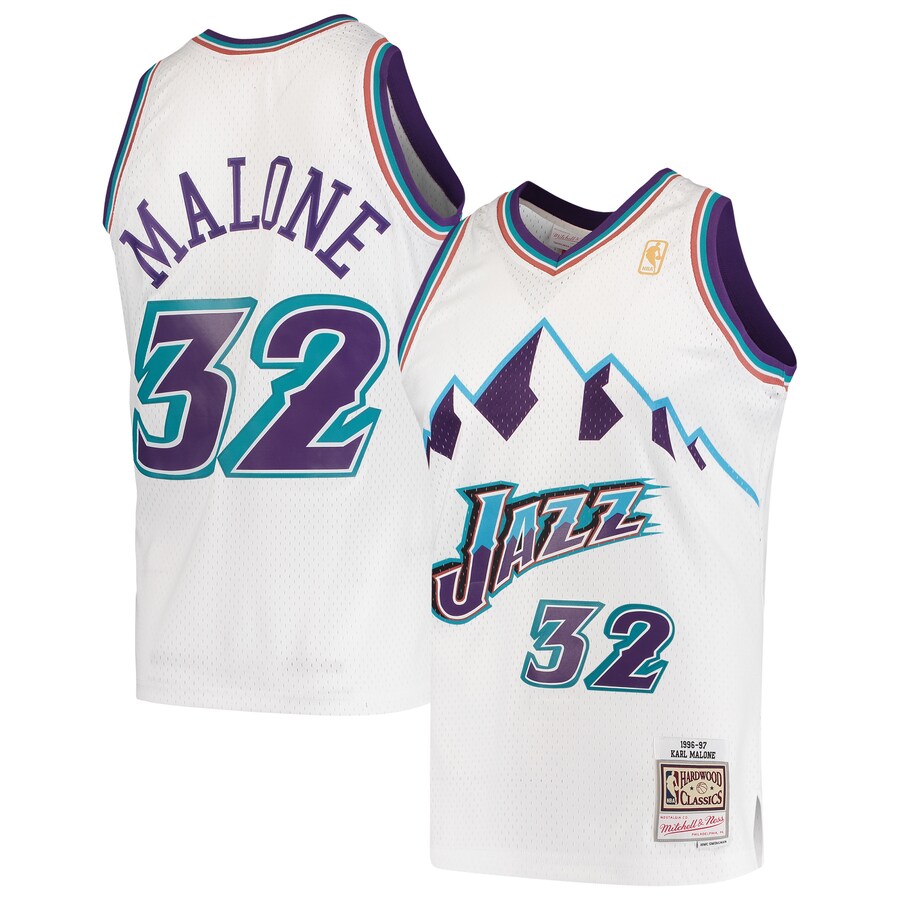 Men's Utah Jazz Karl Malone Mitchell & Ness White 1996/97 Hardwood Classics Swingman Jersey - ujerseystore