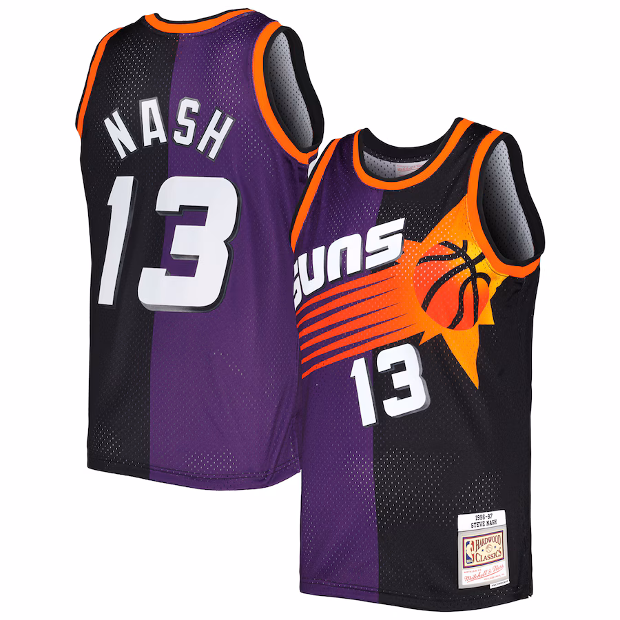 Men's Phoenix Suns Steve Nash Mitchell & Ness Purple/Black Hardwood Classics 1996/97 Split Swingman Jersey - ujerseystore