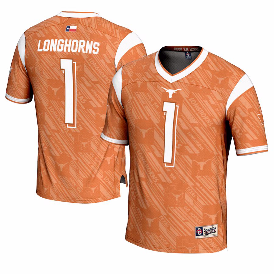 Men's GameDay Greats #1 Texas Orange Texas Longhorns Highlight Print Football Fashion Jersey - ujerseystore