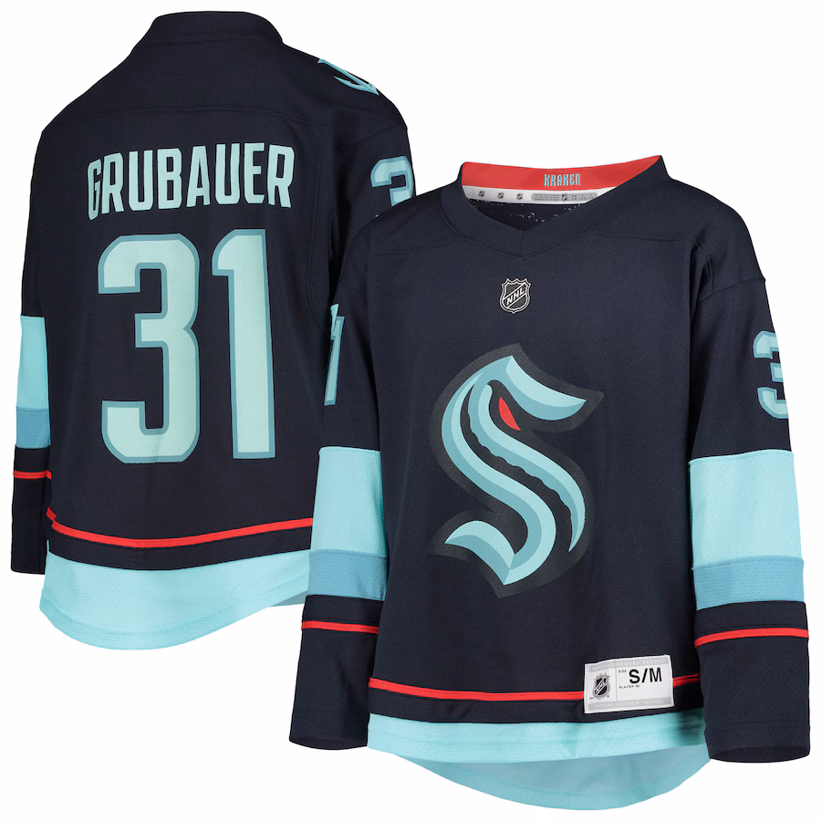 Youth Seattle Kraken Philipp Grubauer Deep Sea Blue Home Replica Player Jersey - ujerseystore