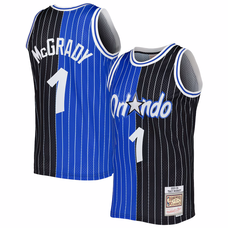 Men's Orlando Magic Tracy McGrady Mitchell & Ness Blue/Black Hardwood Classics 2003/04 Split Swingman Jersey - ujerseystore
