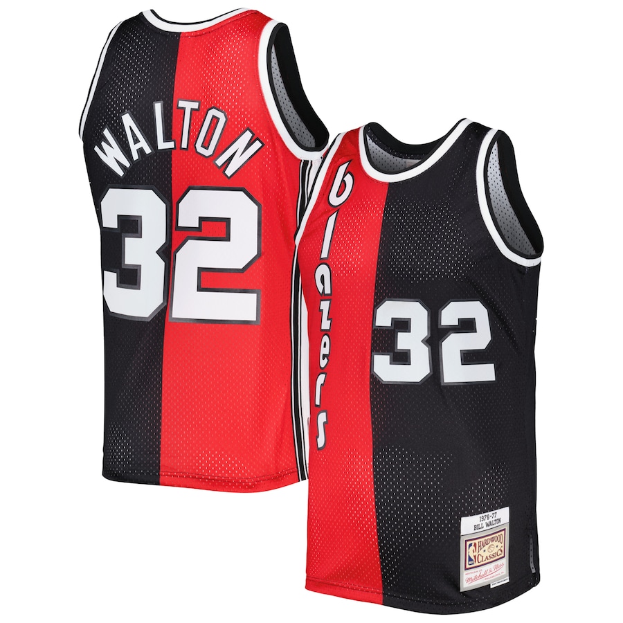 Men's Portland Trail Blazers Bill Walton Mitchell & Ness Red/Black Hardwood Classics 1976/77 Split Swingman Jersey - ujerseystore