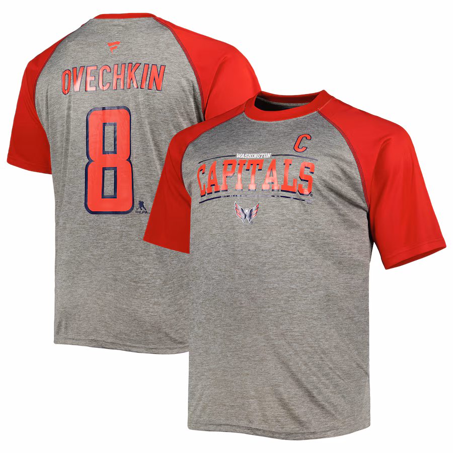 Men's Washington Capitals Alexander Ovechkin Fanatics Heather Gray/Red Big & Tall Captain Patch Contrast Raglan Name & Number T-Shirt - ujerseystore