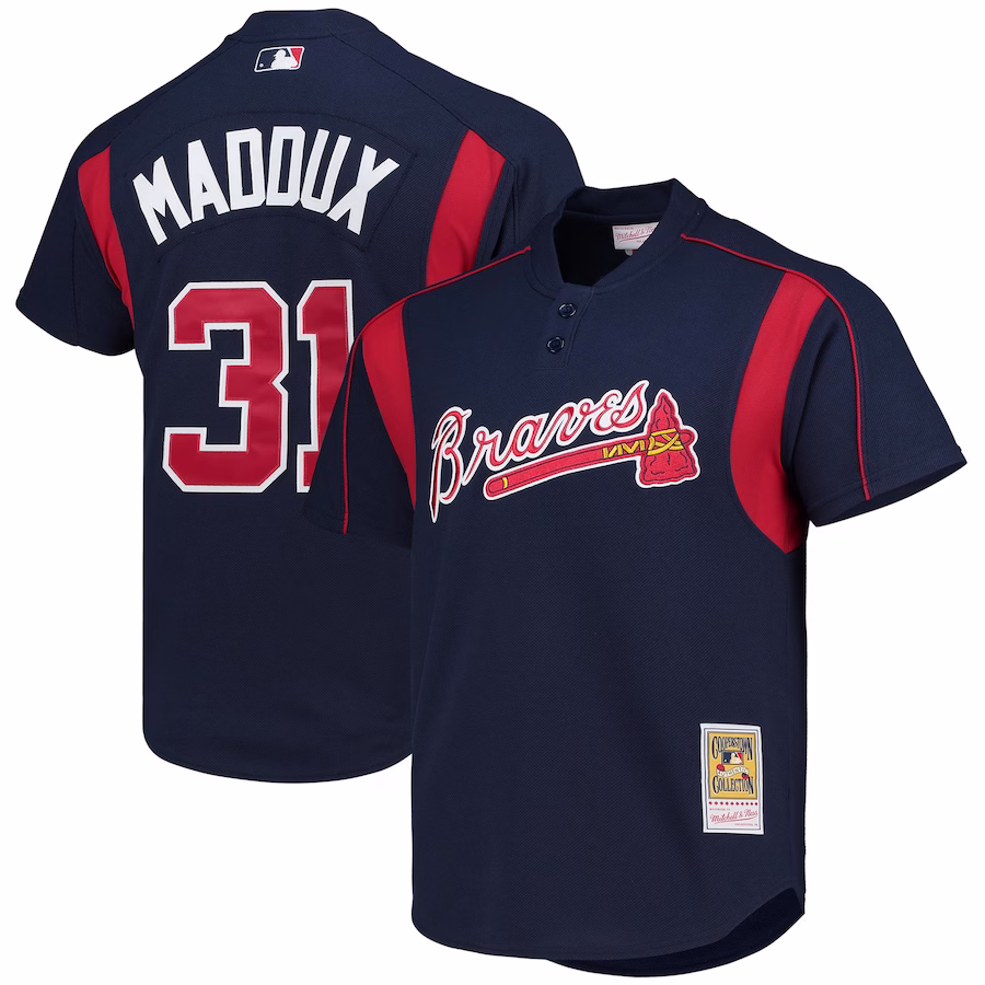 Men's Atlanta Braves Greg Maddux Mitchell & Ness Navy Cooperstown Collection Mesh Batting Practice Button-Up Jersey - ujerseystore