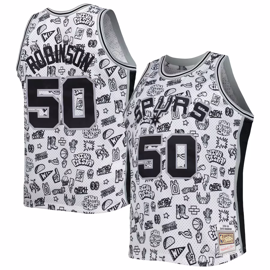 Men's San Antonio Spurs David Robinson Mitchell & Ness White 1998/99 Hardwood Classics Doodle Swingman Player Jersey - ujerseystore