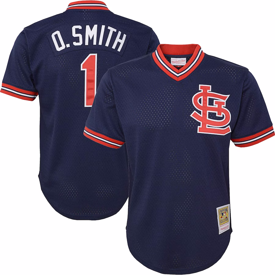Youth St. Louis Cardinals Ozzie Smith Mitchell & Ness Navy Cooperstown Collection Mesh Batting Practice Jersey - ujerseystore