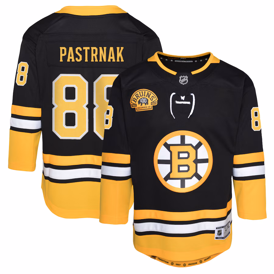 Youth Boston Bruins David Pastrnak Black 100th Anniversary Premier Player Jersey - ujerseystore