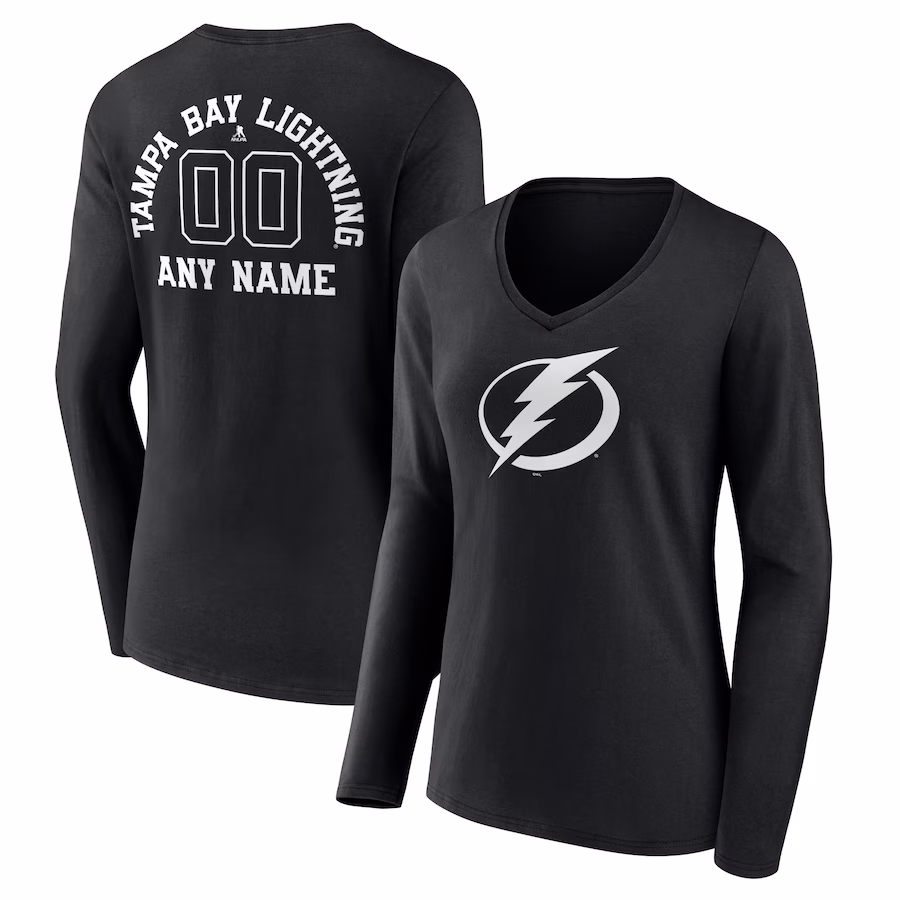 Women's Tampa Bay Lightning Black Personalized Name & Number Monochrome Long Sleeve V-Neck T-Shirt - ujerseystore