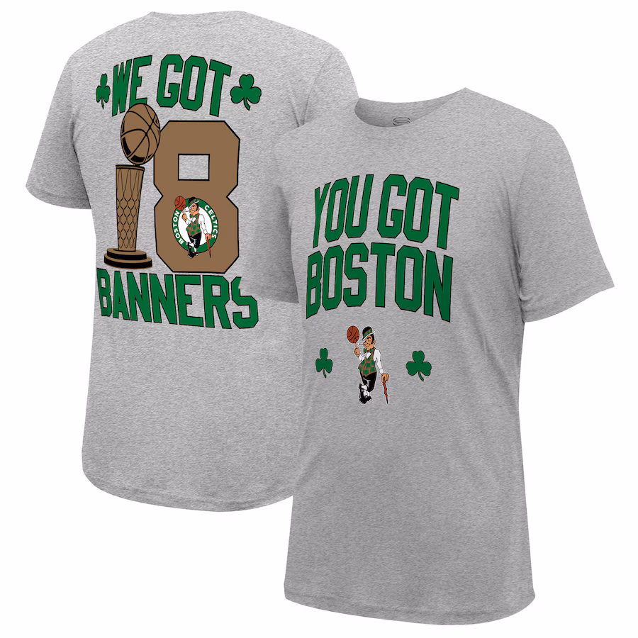 Men's Boston Celtics Stadium Essentials Heather Gray 18-Time NBA Finals Champions We Got 18 Banners T-Shirt - ujerseystore