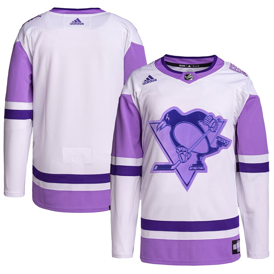 Men's Pittsburgh Penguins adidas White/Purple Hockey Fights Cancer Primegreen Authentic Blank Practice Jersey - ujerseystore