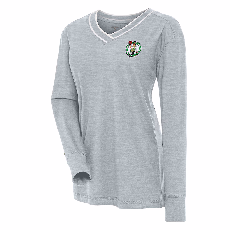 Women's Boston Celtics Antigua Heather Gray Symbolic Long Sleeve V-Neck Top - ujerseystore