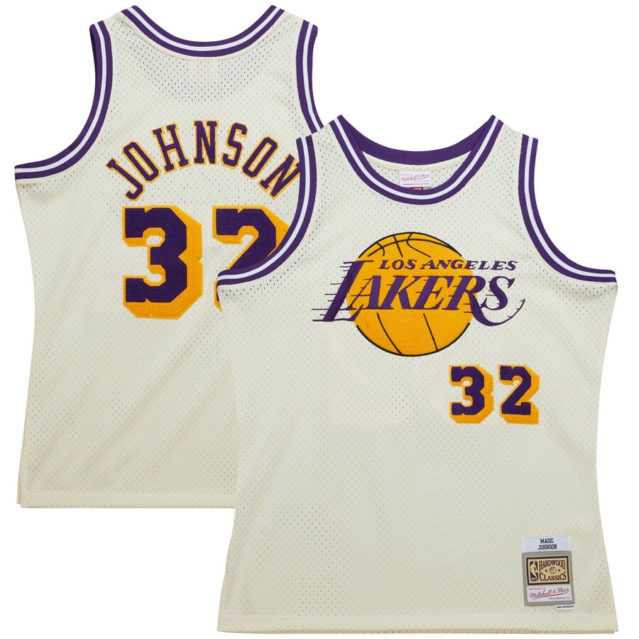 Men's Los Angeles Lakers Magic Johnson Mitchell & Ness Cream Chainstitch Swingman Jersey - ujerseystore