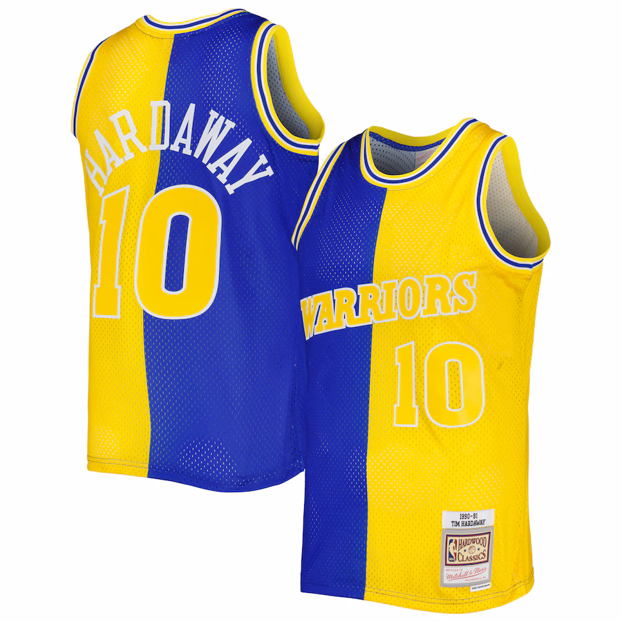 Men's Golden State Warriors Tim Hardaway Mitchell & Ness Royal/Gold Hardwood Classics 1990/91 Split Swingman Jersey - ujerseystore