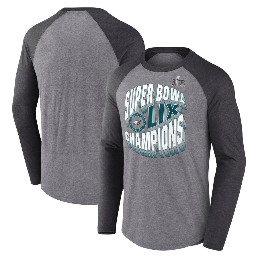 Men's Philadelphia Eagles Fanatics Heather Gray Super Bowl LIX Champions Historic Win Raglan Tri-Blend Long Sleeve T-Shirt - ujerseystore