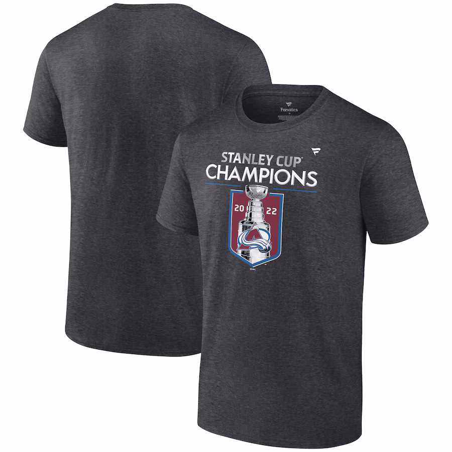 Men's Colorado Avalanche Fanatics Heathered Charcoal 2022 Stanley Cup Champions Locker Room T-Shirt - ujerseystore