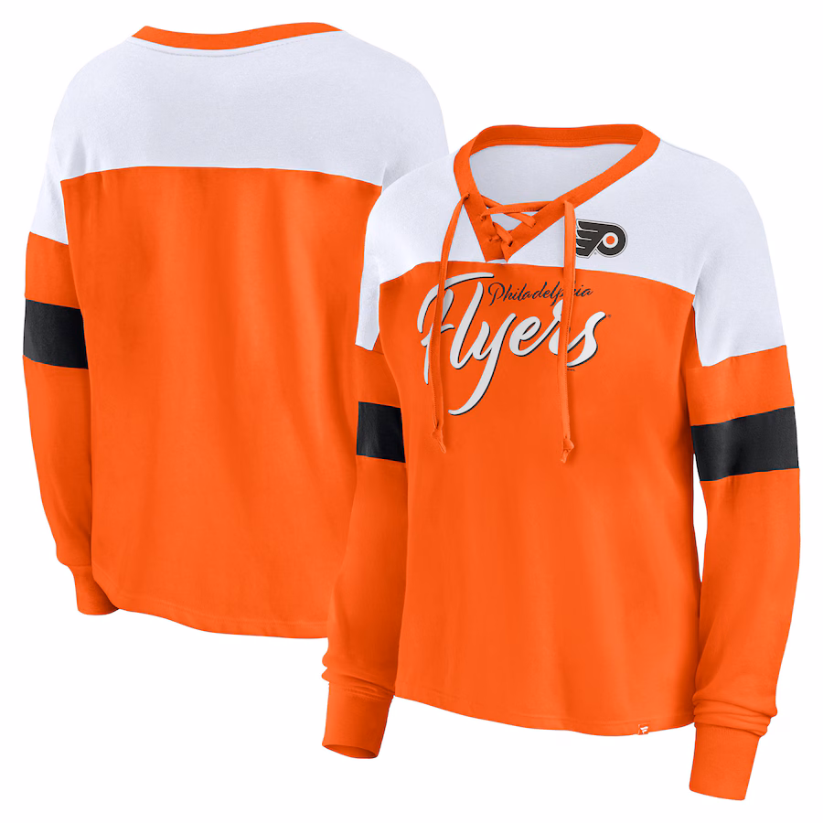 Women's Philadelphia Flyers Fanatics Orange Take the Shot Long Sleeve Lace-Up V-Neck T-Shirt - ujerseystore