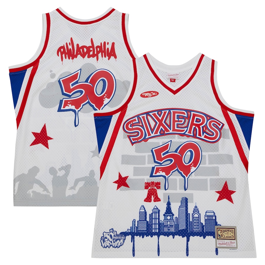 Men's Philadelphia 76ers Mitchell & Ness x Tats Cru White Hardwood Classics Fashion Jersey - ujerseystore