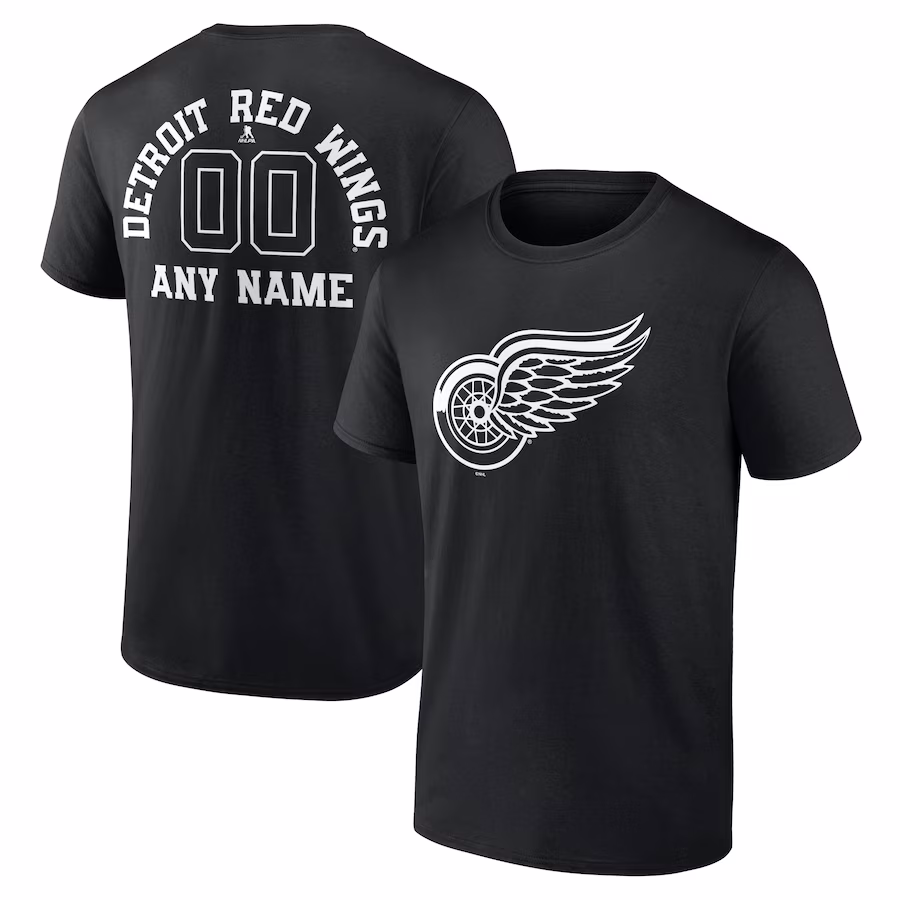 Men's Detroit Red Wings Black Personalized Name & Number Monochrome T-Shirt - ujerseystore